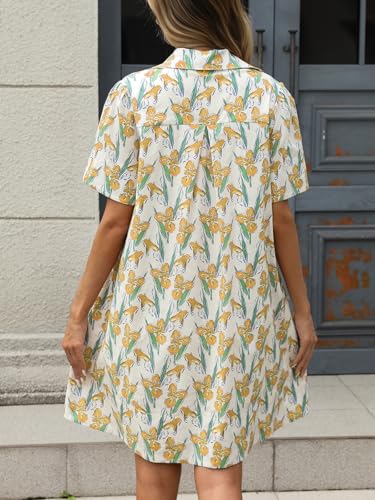 Image of LifeShe Summer Floral Dress Women's Printed Casual Sundress Short Sleeve Button Up Shirt Dresses with Pockets