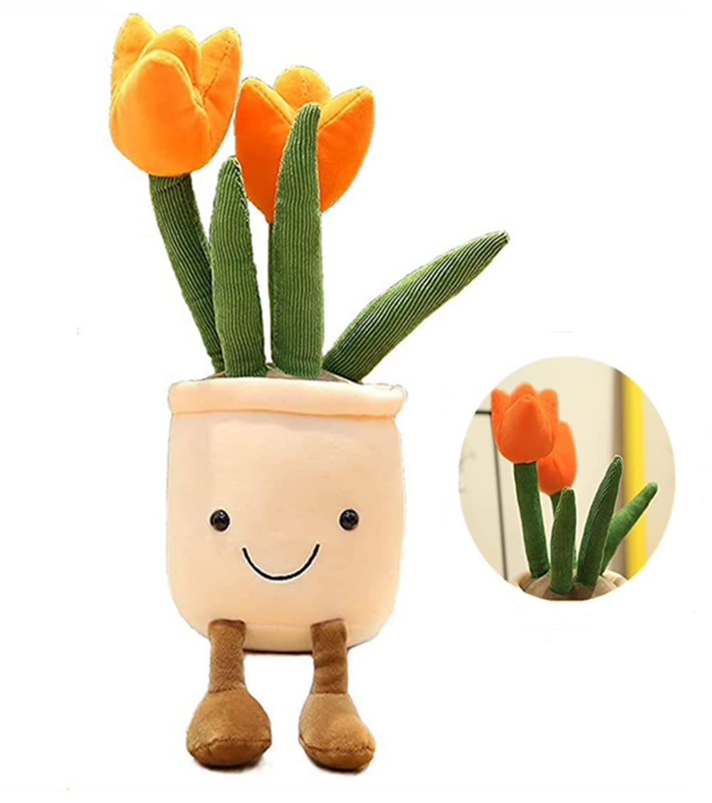 JOSON 13 Inch Tulip Succulent Plush Pillow, Flower Pot Stuffed Plush Plant Toy for Office Kids (Orange)