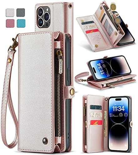 asapdos iPhone 14 Pro Max Case Wallet,Retro Suede PU Leather Strap Wristlet Flip Case with Magnetic Closure,Card Holder and Kickstand for Men Women(Rose Gold)