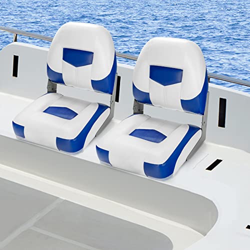 GOPLUS Juego de 2 Asientos de Barco, Silla Plegable para Barco Impermeable, Asiento Yate Ergonómico con Correas y Tornillos de Fijación, 42 x 50 x 52 cm, para Pescar, Pilotaje, Barco de Pesca (Azul)