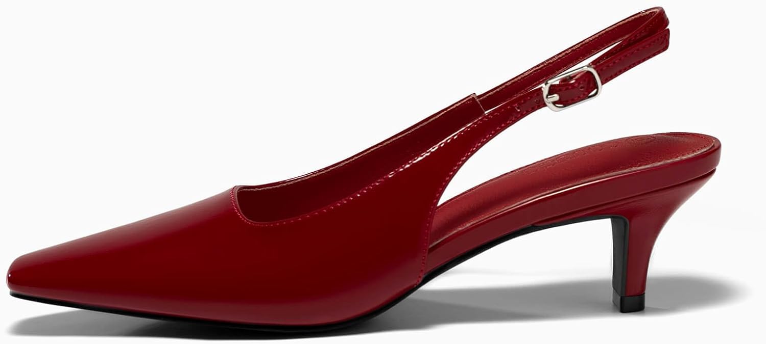 Coutgo Womens Kitten Low Heels Slingback Pumps Squared Point Toe Buckle Strap Wedding Party Dress Shoes - Image 4