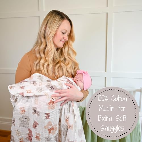 Image of LollyBanks Baby Swaddle Blankets 2 Pack, 100% Cotton Muslin Blanket 47 x 47 Inches, Soft and Breathable Newborn Receiving Blanket for Boys, Cozy Infant Swaddle, Baby Essential (Teddy Bear and Tan)