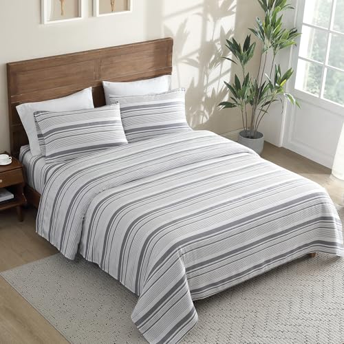 Image of ClevaHome King Sheets Set - 4 Piece Fitted Bed Sheet Set, Stone Stripe | 16 inch Deep Pocket, Super Soft & Breathable, Enhanced Comfort & Easy Care, Classic Stripe Sheet Set