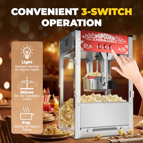 Image of 20 Oz Commercial Popcorn Machine, Movie Theater Popcorn Machine, Red Tabletop Pop corn Machine with 3-Switch Control & Steel Frame Tempered Glass Doors