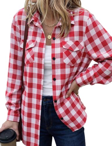 Zeagoo Womens Plaid Flannel Shirt, Roll up Long Sleeve Checkered Cotton Shirt,Watermelon Red,Large