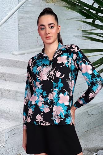 Image of POPWINGS Women Casual Sky Blue Floral Printed Shirt | Collar Button Shirt | Full Sleeve Shirt | Trendy Shirt | Regular Casual Shirt