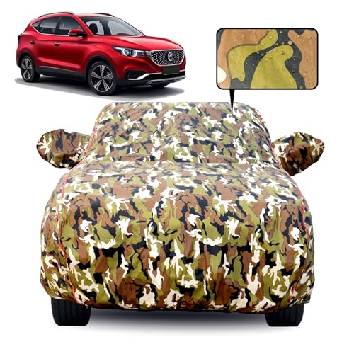 Image of Waterproof Car Body Cover for MG ZS EV with Mirror Pocket, Soft Cotton Lining, Triple Stitched, Full Bottom Elastic (Heat Resistant Jungle Print with Red Piping)