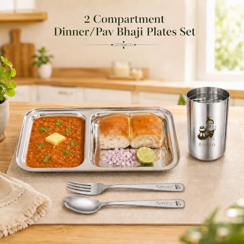 Image of SAVRI Personalized Stainless Steel Two-Compartment Dinner Plate Set - Customized Name & Cartoon Engraved - Partition Plate with Spoon & Fork - Custom Kids Plate for Kids, School, Mess & Return Gifts