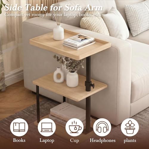 Image of Faesun C Table End Table Adjustable Height, 360Swivel TV Tray Table for Small Spaces, Small Nightstand for Living Room, Bedroom, Oak