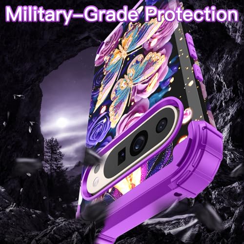 LONTECT for Google Pixel 10 Pro XL Case Floral Shockproof Rugged Heavy Duty 3 in 1 Hybrid Sturdy High Impact Protective Cover Case for Google Pixel 10 Pro XL,Glow in the Dark Lavender - image 4