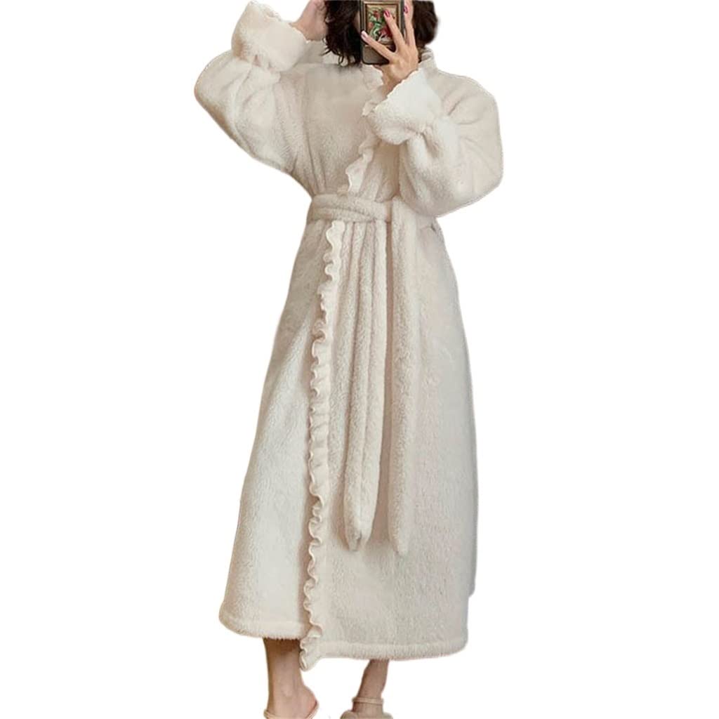 Autumn And Winter Facecloth Pajamas Female Long Section Coral Velvet Retro Pajamas Home Wear(White,L code)