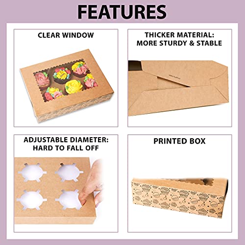Image of mudrit Cupcake Boxes with Insert Trays, Tags and Twine, Food Grade Kraft paper Cupcake Carrier with Window (10 pcs, 6 holder)