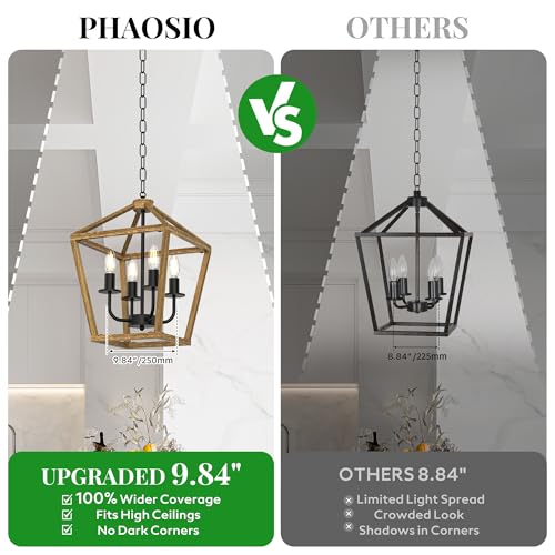 Image of Farmhouse Lantern Chandelier 4-Light, Industrial Brushed Rustic Oak Ceiling Light Fixture with Open Cage and Adjustable Hanging Height,Kitchen Island, Dining Room, Entryway, Foyer