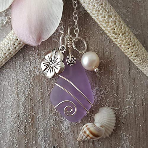 Yinahawaii Handmade Sea Glass Necklace, Hawaiian Jewelry For Women, Wire "Magical Color Changing" Purple Necklace, Hibiscus Pearl Necklace, Unique Birthday Gift For Women(February Birthstone Jewelry) #TOP5