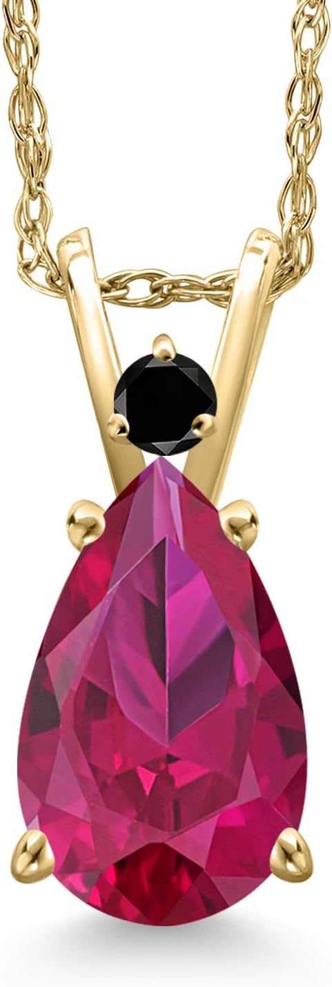 Gem Stone King 14K Yellow Gold Red Created Ruby and Black Diamond Pendant Necklace for Women | 2.24 Cttw | Gemstone July Birthstone | Pear Shape 10X7MM | With 18 Inch Chain