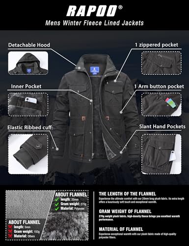 Image of Rapoo Men's Winter Jacket Cotton Work Military Jackets Fleece Lined Thick Warm Cargo Coats with Hooded