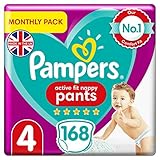 Pampers Active Fit Baby Windelhose, Größe 4, 168 Stück, monatliche Sparpackung, einfaches Anziehen (9-15 kg)