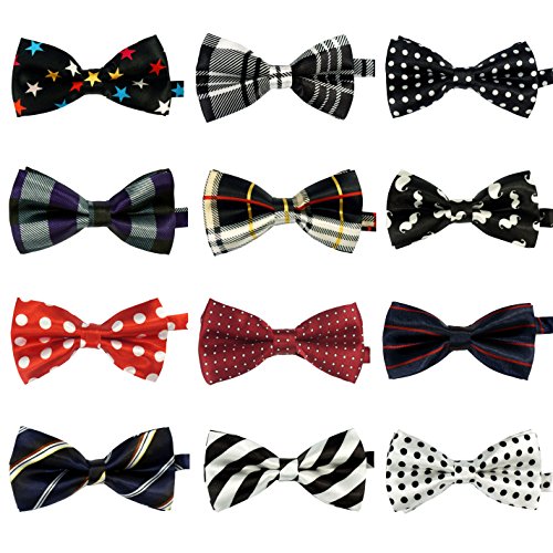 LilMents 12 Pack Boys Mixed Designs Adjustable Pre Tied Bow Necktie Tie Set