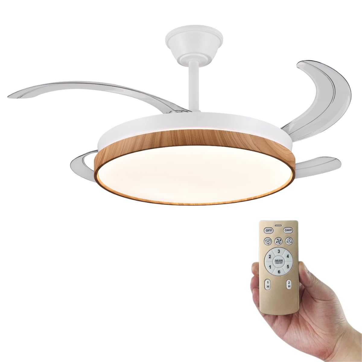 Wooden Ceiling Fan with Silent LED Light – Retractable Fans with Light Shades and Function Summer and Winter – 30 W DC Motor with 4 Blades