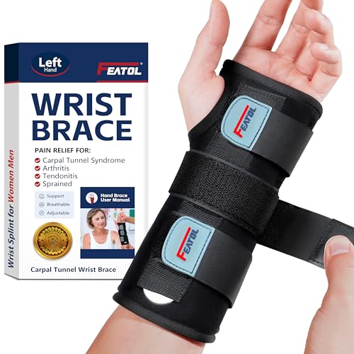 FEATOL Wrist Brace Hand Brace, Carpal Tunnel Wrist Splint Night Support for Women Men, Pain Relief Support -Tendonitis, Arthritis, Sprain, Left Hand, Small/Medium