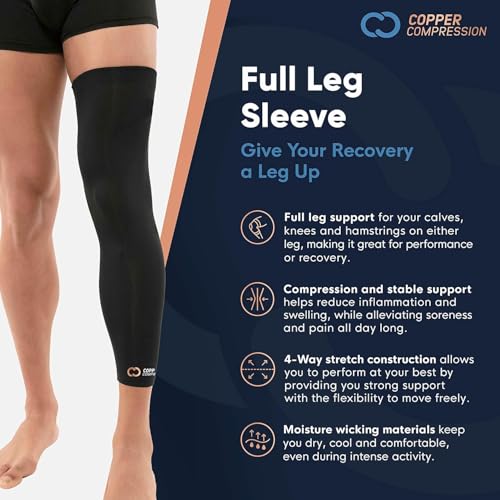 Image of Copper Compression Leg Compression Sleeve - Copper Infused Knee Stabilizer Brace for Running, Meniscus Tear, ACL, MCL, Arthritis, Joint Pain Relief - Thigh & Calf Support for Men & Women - Black - S 2 Pack