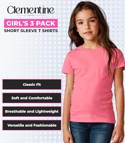 Clementine Big Girls' Everyday Crew Neck Tee Shirt Assorted 3 Pack, Black/Black/White,Small3
