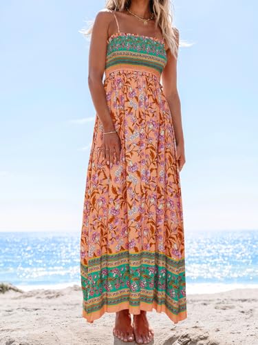 Image of CUPSHE Women Spaghetti Straps Boho Maxi Dress Summer Sleeveless Smocked Floral Beach Long Dress Flowy Cruise Vacation Outfits