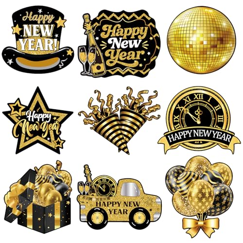 Large New Year Cutouts Decorations, Black Gold Cardboard Cutout Set of 9, 11' x...