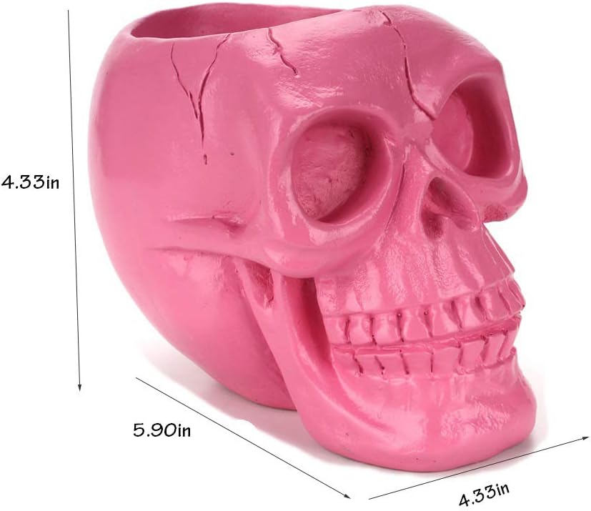 Skull Pen Holder Skull Makeup Brush Holder Pen Holder Dressing Table Office Desk Storage Box Halloween Skull Desktop Stationery Pins Organizer(Pink)