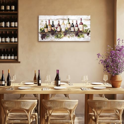 crmotu Wine Bottle Still Life Wall Art, Vintage Kitchen Large Canvas Paintings, Rustic Dining Room Artwork for Walls, Modern Pictures Wall Decor for Home Bar Wine Tasting Room Art Prints 20x40inch