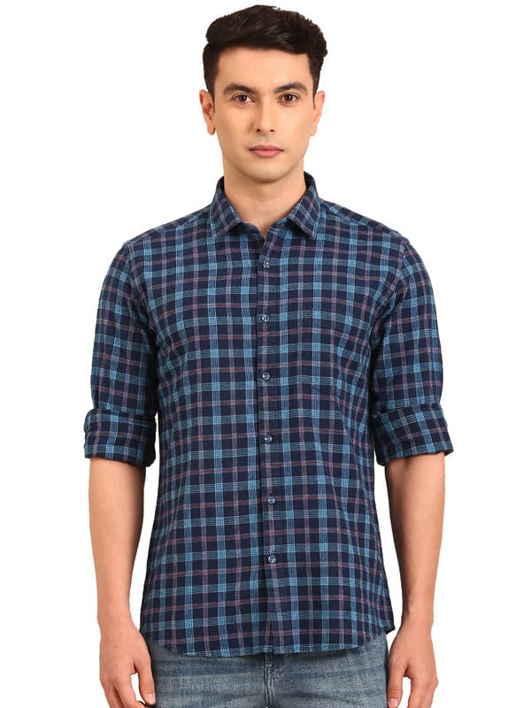 Image of Cavallo by Linen Club Men's Blended Linen Checked Contemporary Fit Full Sleeve Casual Shirt