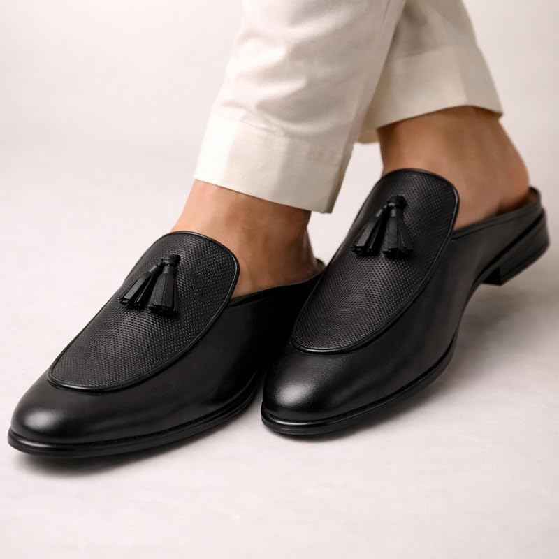 Image of FAUSTO Men's Back Open Tassle Leather Slip On Shoes for Outdoor|Evening|Festive|Occasions|Comfort|Lightweight with TPR Sole (6-13 UK)