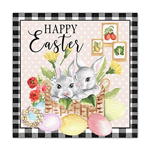 Panneau lapin de Pâques en bois peint carré 40cm pour décoration murale