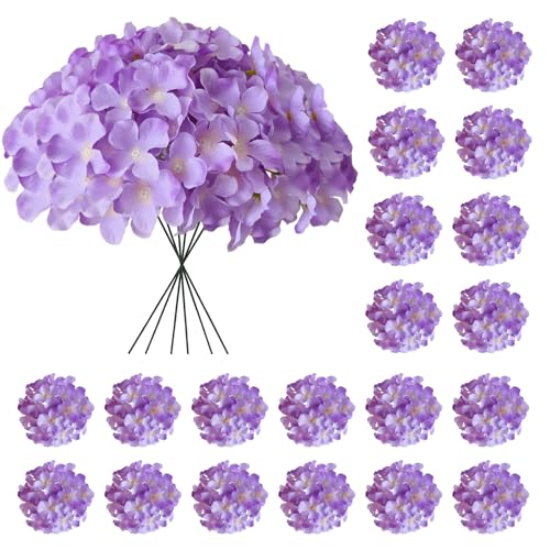 Cherica Hydrangea Artificial Flowers 20 Pcs Purple Hydrangea Artificial Flowers Bulk Faux Hydrangea Flowers for Outdoor Fake Silk Hydrangea Flowers with Stems for Wedding Decoration Decor