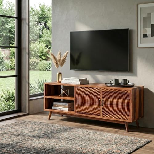 Image of DRIFTINGWOOD Magnus Solid Sheesham Wood TV Console for Upto 55 Inch TV, Entertainment Center with Cabinets & Shelves, Honey Finish