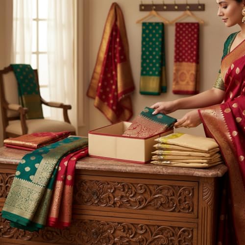 Image of Multipurpose Designer Bow Saree Cover with Travel Pouch, Pack of 10, Transparent Clothes Storage Bag for Saree, Suit, Lehenga & Ethnic Wear, Beige