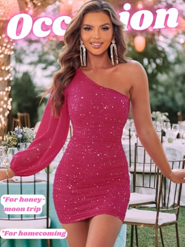 Image of ShawGobow Sparkly Outfits for Women,One Shoulder Ruched Bodycon Short Prom Dress,Sexy Dresses Cocktail Homecoming Nye