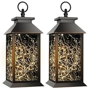 Solar Lanterns Outdoor Waterproof Hanging Vintage Led Fairy Lights Lantern, Upgraded Solar and AAA Battery Powered, for Outside Yard and Indoor Tables, Window Sill, 2 Pack