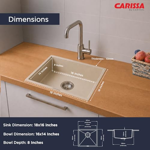Image of Carissa By Carysil Titanium Quartz Kitchen Sink 18 x 16 x 8 inches, Single Bowl Granite Sink with 80% Quartz & 20% Resin, Heat Resistant 300C, 50kg Load Bearing, Stain Resistant - Off White
