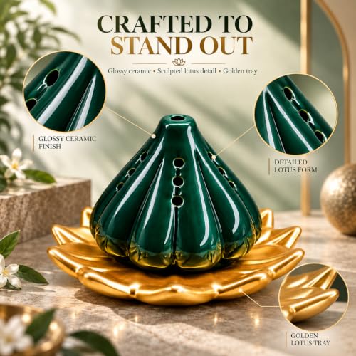 Image of SIGNAMIO Ceramic Sambrani Dhoop Doopam Dhupam Stand Holder -Gold Dark Green