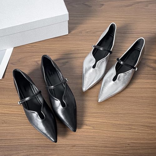 Women's Leather Pointed Toe Flat Mary Jane Shoes Fashionable and Versatile One-Strap Low Heel Shallow Mary Jane Shoes Suitable for Dance, Party, Wedding, Business, Leisure, Office2
