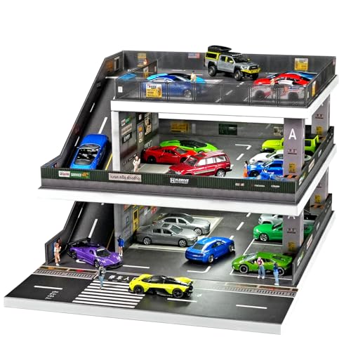 Kivmcds Display Case for Hot Wheels 1/64 Diecast Matchbox,Diorama Garage Parking for Toy Car Monster Truck Storage Display Box,Lighted Scenario Garage (Dark Green)