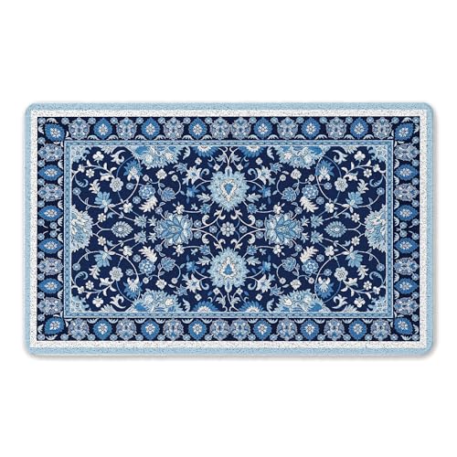 FTKBGHY Blue and White Persian Door Mat, Boho Oriental Ethnic Blue Floral Leaves Welcome Mat for Front Door Outdoor Indoor Porch Entrance Entryway, Home Decor, 17x30 Inches