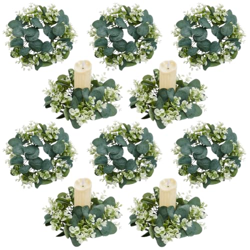 ACRNIGHEET 10 Pcs Candle Rings Artificial Eucalyptus Leaves Wreaths Greenery Wreath Candle Rings for Boho Wreath Pillar Candleholders for Wedding Party Christmas Table Centerpiece Door Decor