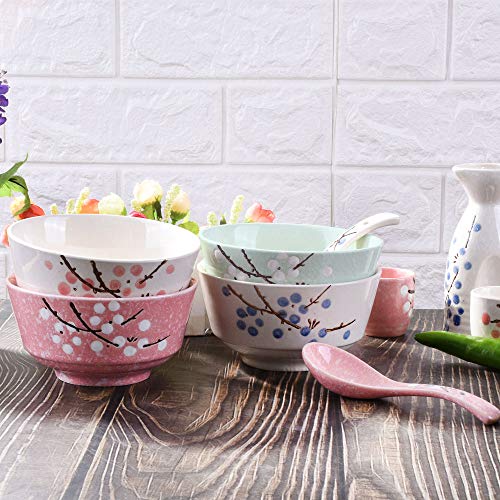 Japanese Rice Bowls Set Of 4 Color - 5 Inch - Japanese Style Hand-Painted Floral Plum Ceramic Bowls For Dessert Snack Cereal Soup And Rice #TOP4