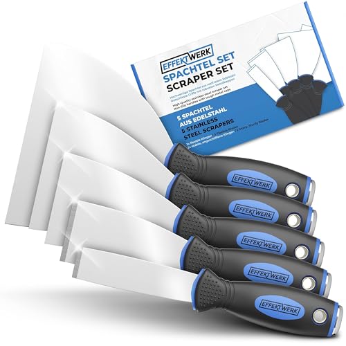 EFFEKTWERK Profi Spachtel Set - 5tlg Spachtel aus rostfreiem Edelstahl - 2x stabil zum Tapeten entfernen mit Anschliff & Metallplatte - 3x flexible Malerspachtel - Maler Werkzeug Spachtelset