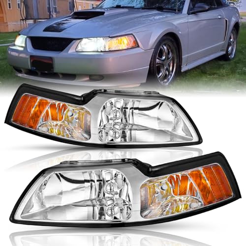 TUSDAR Upgraded Lens Headlights Assembly Fit for 1999 to 2004 Ford Mustang Halogen Headlamps Replacement Chrome Housing with Amber Reflector/Pair