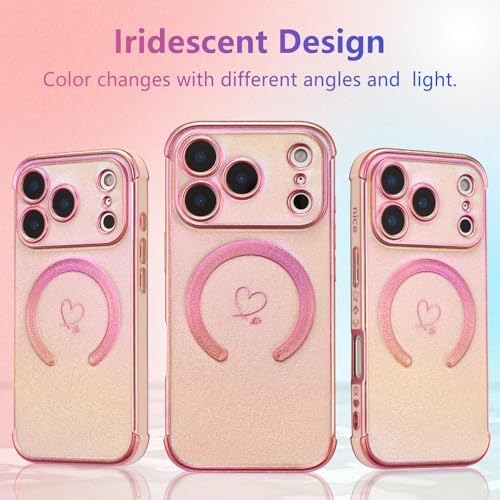 ZTOFERA Magnetic Case for iPhone 17 Pro Max Case 6.9",Cute Luxruy Iridescent Case with Love Hearts Pattern, Plating Edge Camera Lens Protection Shockproof Phone Case for Women Girls,Iridescent Pink