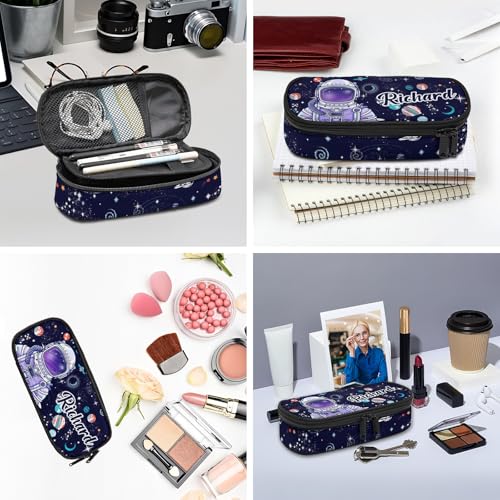 Image of Custom Astronaut Space Planets Pencil Case, Personalized Name Large Pencil Pouch, Large Capacity Black Pencil Pouch with Zipper Compartments for Student Girl Boy