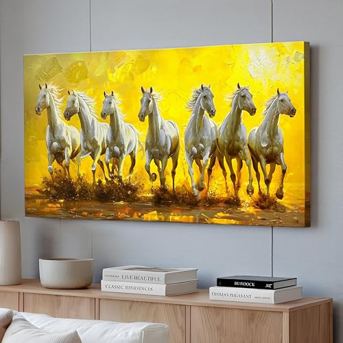 Image of PAINTINGMANTRA Vastu 3D White 7 Running Horses Painting for living room, Big size Seven Running Horses Wall Art painting for Home Decor Good Luck Success Prosperity Canvas Painting, Size 22x46 Inch